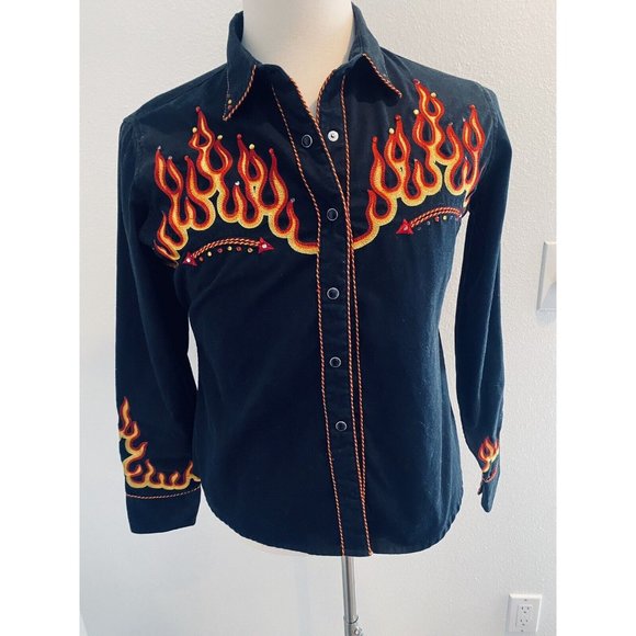 Panhandle Slim Other - Large Panhandle Slim Flame Pearl Snap Long Sleeve Button Up Black Vintage